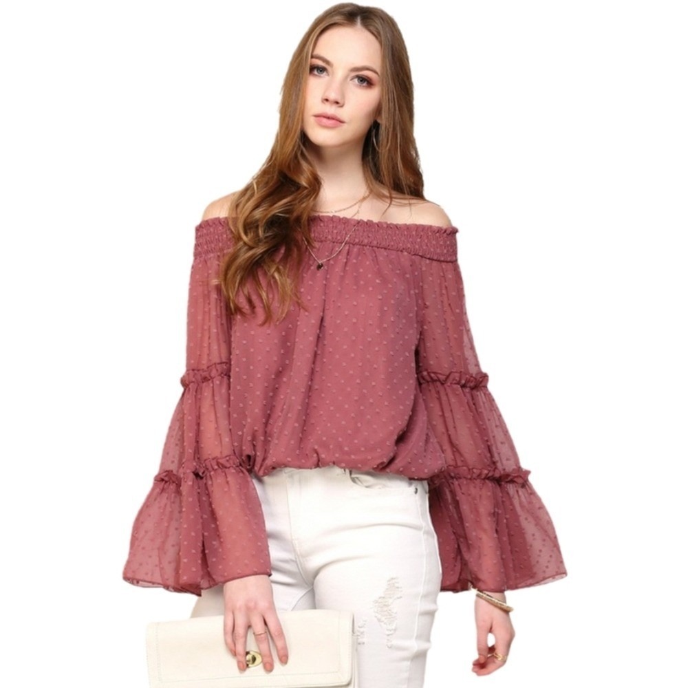 NWT Ninexis Open Shoulder Top Women's Size 1X Mauve Pink Ruffled‎ Sleeve